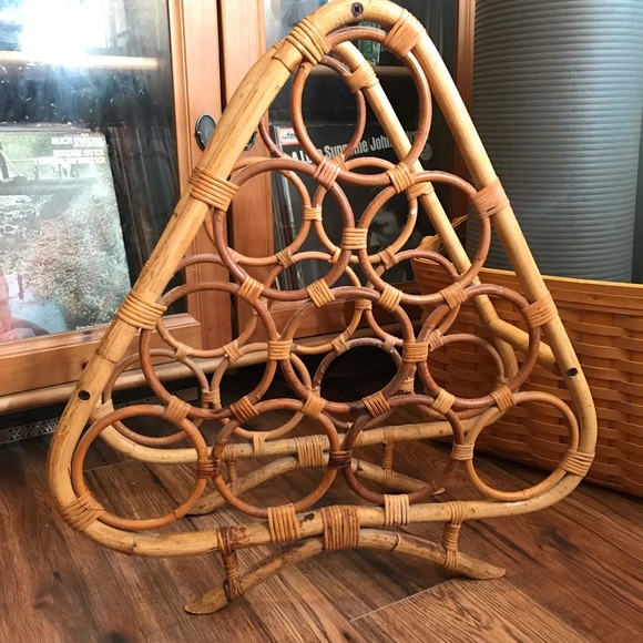 Vintage rattan bamboo wine rack boho wicker decor wine display piece - Picture 2 of 6